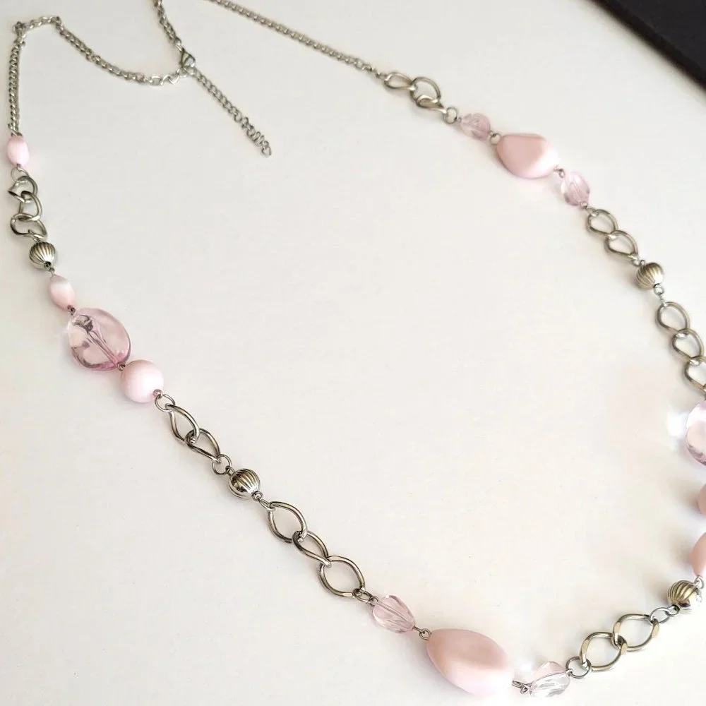Long silver chain necklace with pink beads